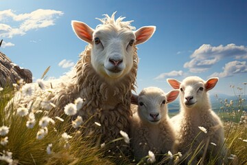 Fototapeta premium Farmers raise sheep with great joy, in farms, shear sheep to sell in market, farm scene with happy sheep