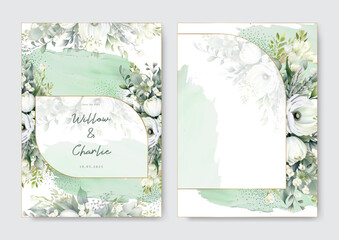 Moody boho chic watercolor wedding invitation template set with floral white peony and rose
