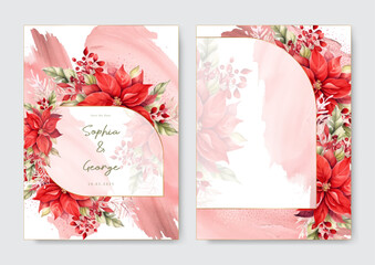 Moody boho chic watercolor wedding invitation template set with floral red poinsettia