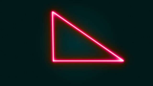 Neon right triangle icon in line style. Flat design. Purple neon on a black background. Mathematical concepts, Education