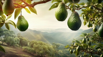 A scene showcasing an avocado orchard with ripe fruit hanging from trees, set against a textured background, AI generated - obrazy, fototapety, plakaty
