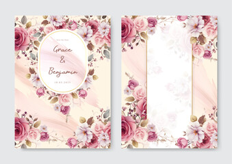 Elegant watercolor pink rose and white peony wedding invitation card template drawn floral set
