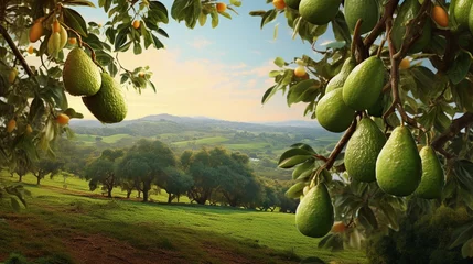 Fotobehang A scene showcasing an avocado orchard with ripe fruit hanging from trees, set against a textured background, AI generated © Hifzhan Graphics