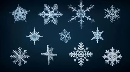 Fotobehang A visual representation of a collection of snowflake crystals on a dark background, inviting text to discuss the science behind snowflake formation, background image, AI generated © Hifzhan Graphics