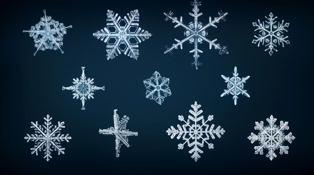 A visual representation of a collection of snowflake crystals on a dark background, inviting text to discuss the science behind snowflake formation, background image, AI generated