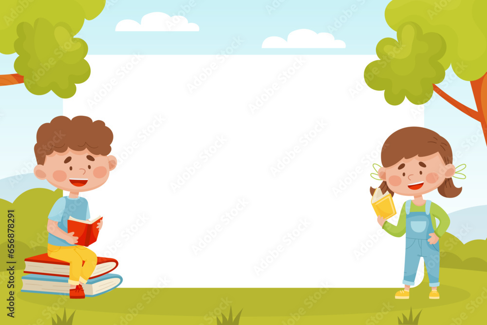 Wall mural happy kid character reading book near blank space vector illustration