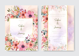 Wedding invitation card template set with floral pink peach dahlia and watercolor background