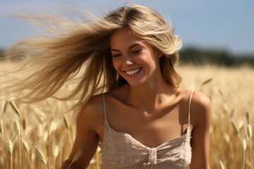 Portrait of a Fictional Teenager Girl in a Field Laughing Candidly. Generative AI.