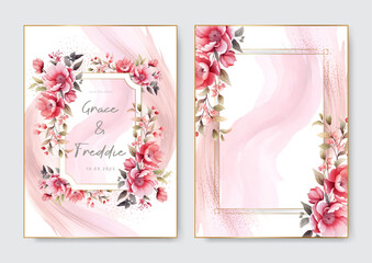Luxury wedding invitation card background with pink peony art flower and watercolor splashes
