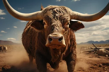 Foto op Canvas A massive brown bull with curved horns in a dusty corral. © Chanwit