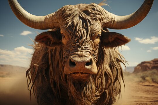 A massive brown bull with curved horns in a dusty corral.