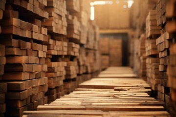 Close-up of wooden planks in a warehouse with storage shelves and panels. Background of boards in a shop. Processed timber blocks in a market. Raw wood drying in a workshop. Generative AI
