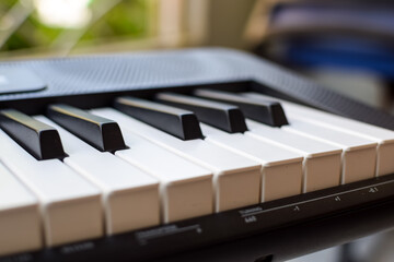 Close-up of piano keys. Piano black and white keys and Piano keyboard musical instrument placed at...