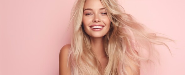 Smiling young woman with blonde long groomed hair isolated on pastel flat background with copy space. Blonde hair care products banner template, hair salon. - obrazy, fototapety, plakaty