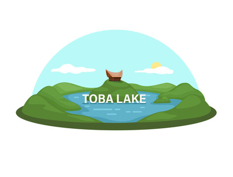 Lake Toba is a large natural lake in North Sumatra, Indonesia Landmark Symbol Illustration Vector