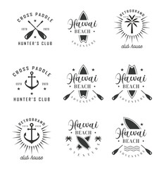 Beach sun sunset, sunrise with beach, Ocean, paddle, surfing boat, palm tree, anchor, wave, anchor, logo icon vector