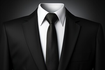 A meticulously rendered black suit component, featuring a cotton shirt and a sophisticated tie