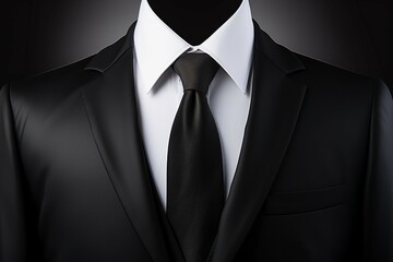 An isolated depiction of a lifelike black suit piece, including a cotton shirt and a refined tie