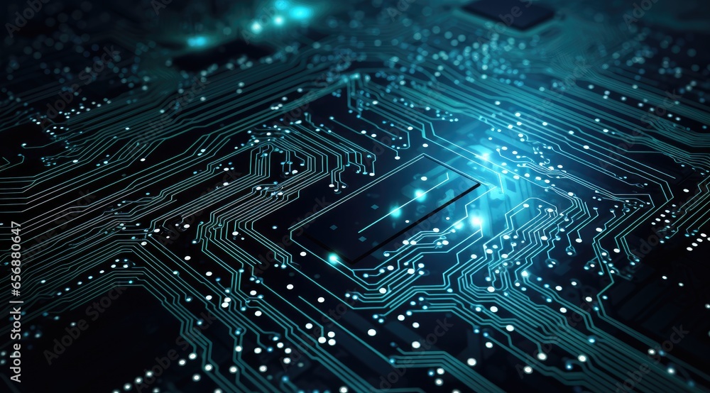 Poster futuristic neon microprocessor on blue background. integrated microchip