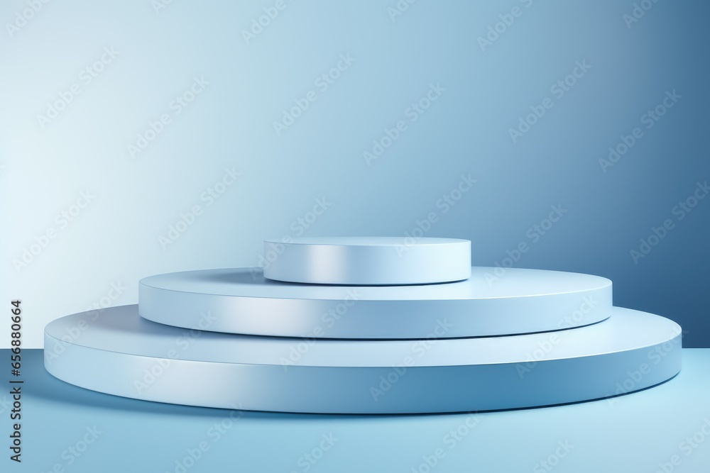 Poster minimalistic light blue background for product presentation with podiums