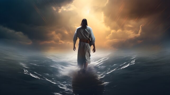 Lord Jesus walks on water, Jesus walks on sea - Generative AI 