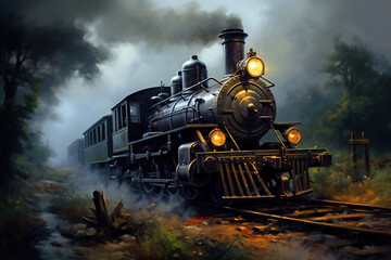 Fototapeta premium A train traveling down train tracks next to a lush green field. Smoke from the chimney of a retro train.