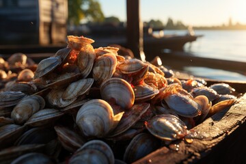 Fishermen cultivate and research clams in organic farms, catch to sell in market, as ingredients in restaurants. - obrazy, fototapety, plakaty