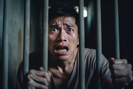 Male prisoner in a cell behind bars. Young man in prison. An Asian prisoner is crying in his cell.