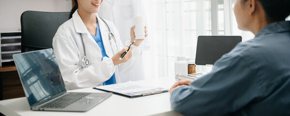 Doctors explain the use of medication to patients. healthcare and medical concept.