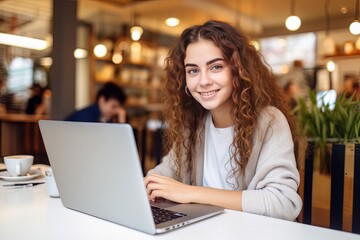 Fototapeta na wymiar Portrait of Beautiful European Female Student Learning Online in Coffee Shop, Young Woman Studies with Laptop in Cafe, Doing Homework