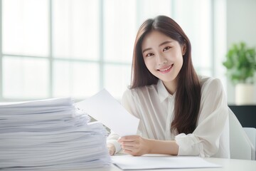 Portrait of Happy Asian Woman Manager Holds Paper in Modern Office, Smiling Female Holding CV for Job Interview, Bueatiful Accountant with Financial Reports Paper