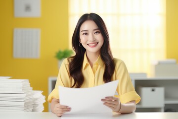 Portrait of Happy Asian Woman Manager Holds Paper in Modern Office, Smiling Female Holding CV for Job Interview, Bueatiful Accountant with Financial Reports Paper