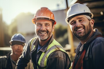 Fototapeta premium Portrait of Cheerful Workers Wearing Safety Uniform, Construction Engineering Works on Building Construction Site, Observes and Checking the Project.