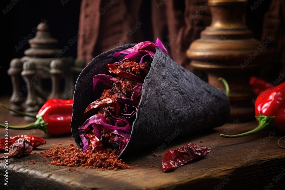 Poster whole chili pepper inside a taco placed on a rustic wooden table