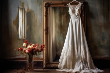 wedding dress on hanger reflected in a vintage mirror