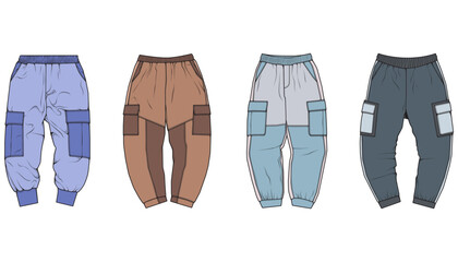 Cargo Pants colorful fashion hand drawing technical  template. Cargo pocket fashion mockup for training.