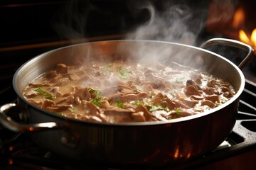 beef stroganoff based covered, with steam showing the heat