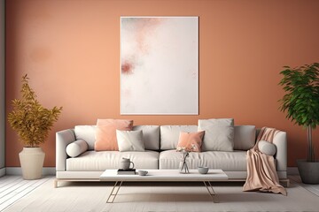 Home mockup, cozy interior background. Interior of modern living room with orange walls, wooden floor and white sofa with cushions and coffee table , ai generative