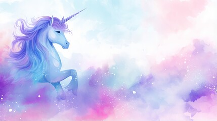 Watercolor background with blue and violet rainbow and unicorn theme - obrazy, fototapety, plakaty