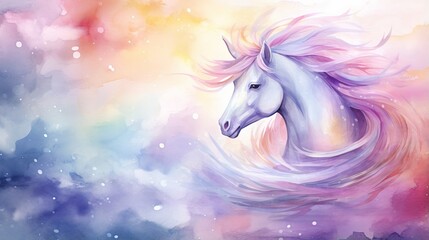 Watercolor background with blue and violet rainbow and unicorn theme