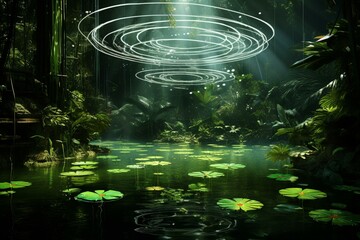 Depiction of hydrogen as an ecological energy source in a jungle pond. Generative AI