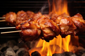 smoke-kissed chicken thighs resting on a kebab stick - obrazy, fototapety, plakaty