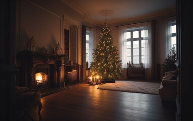 christmas holiday, the living room is decorated in a Christmas style , symbol of Christmas and new year, greeting card, generative ai