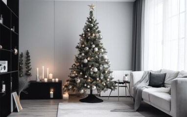 christmas holiday, the living room is decorated in a Christmas style , symbol of Christmas and new year, greeting card, generative ai