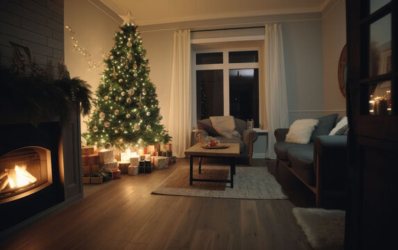 christmas holiday, the living room is decorated in a Christmas style , symbol of Christmas and new year, greeting card, generative ai
