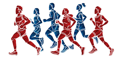 Group of People Men and Women Running Together Marathon Runner Cartoon Sport Graphic Vector
