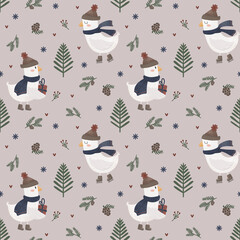 seamless pattern with a Christmas bird and a gift, a 
repeat pattern with a goose on skates and a hat, a Christmas pattern with cones and trees for wrapping paper and fabric
