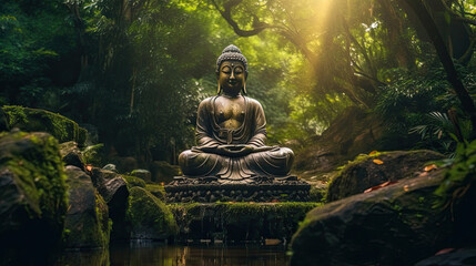 Buddha statue at the waterfall in nature. Generative Ai