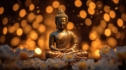 Glowing Lotus flowers and gold buddha statue in nature. Generative Ai