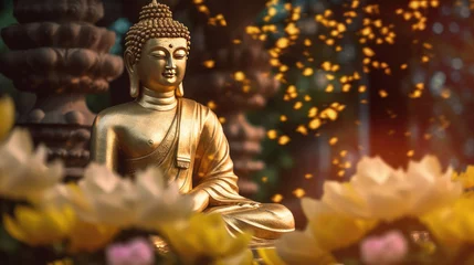 Gartenposter Glowing Lotus flowers and gold buddha statue in nature. Generative Ai © tong2530